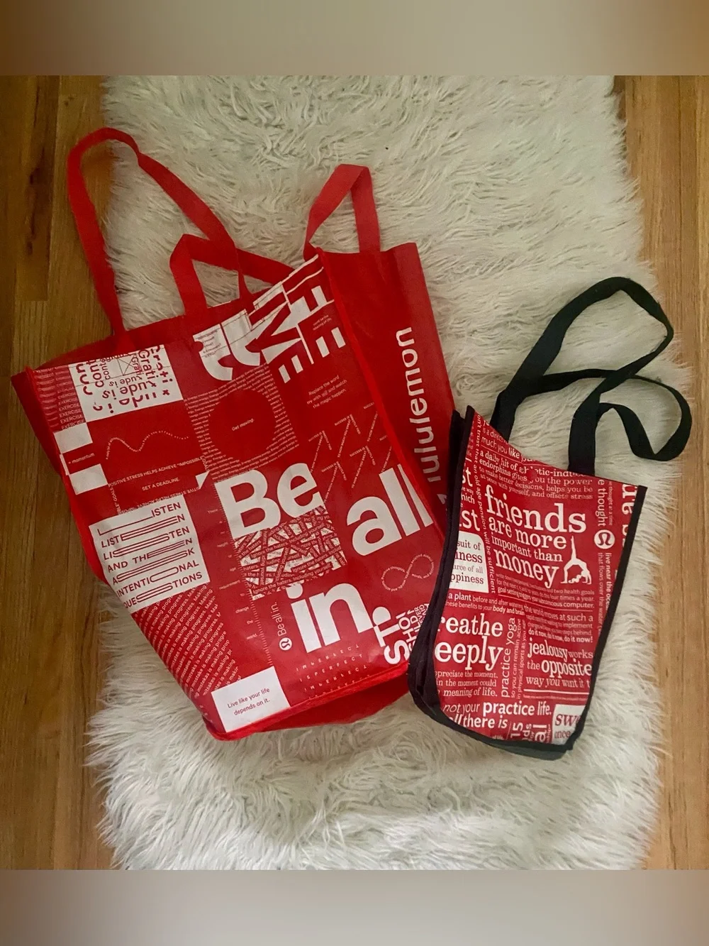 Lululemon Athletica Set of 2 Black Red White Yoga Snap Top Reusable Tote  Bags
